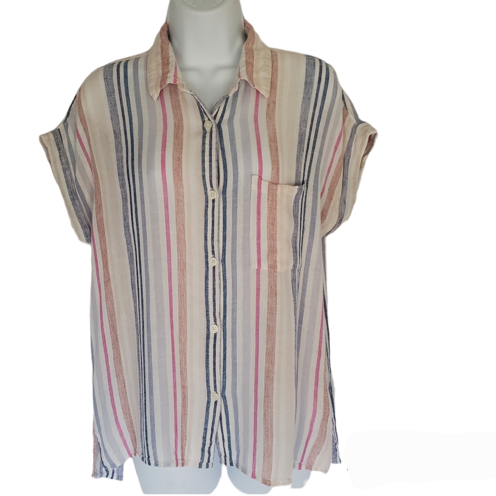 Thread + Supply Striped Linen Blend Short-Sleeve Button-Down Size Small